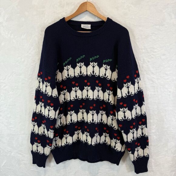 VTG Chrissy Norman Cat Sweater Wool Hearts Navy Blue Graphic 80s 90s - Picture 1 of 12